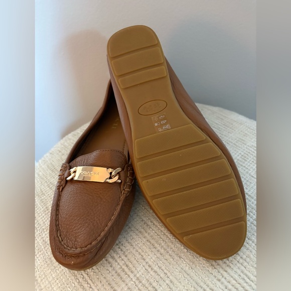 Coach Brown Leather Loafers Gold Logo Hardware Flats - Picture 4 of 5
